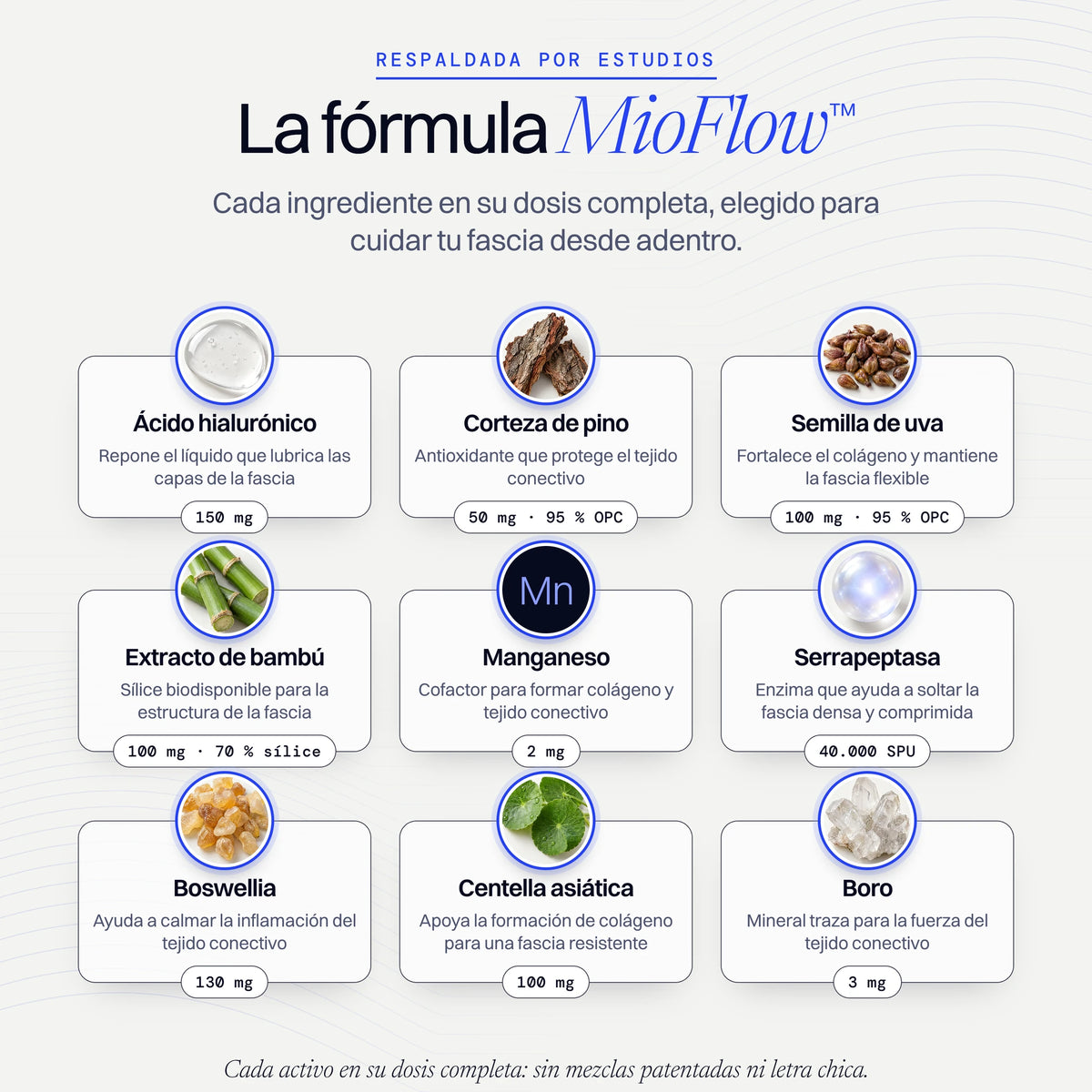 Los 9 ingredientes de la fórmula MioFlow con sus dosis